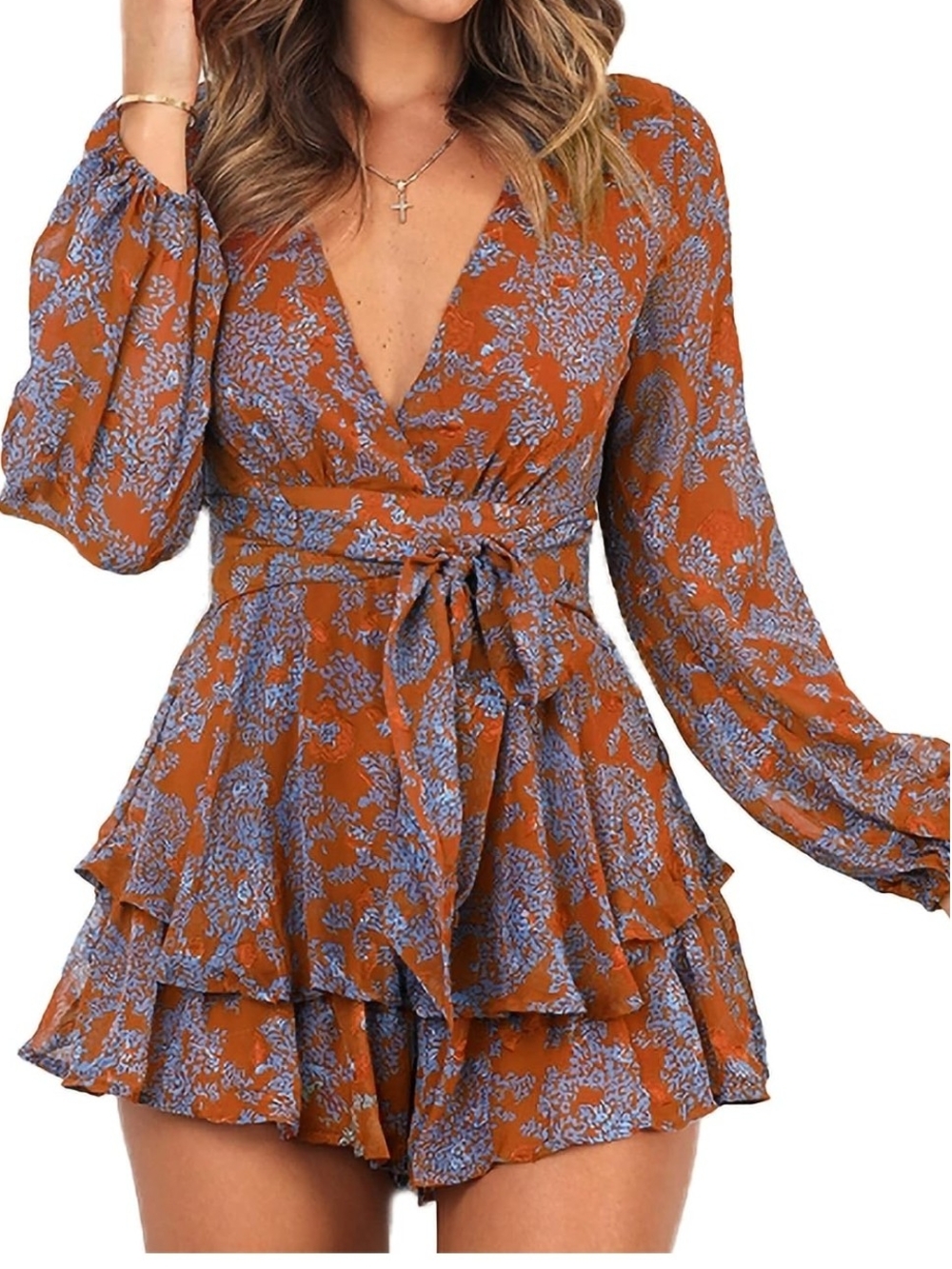 Ash Rust Floral Wrap Mini Dress with Blue Floral Print